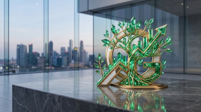 Green Finance Tree Symbol with Cityscape Background