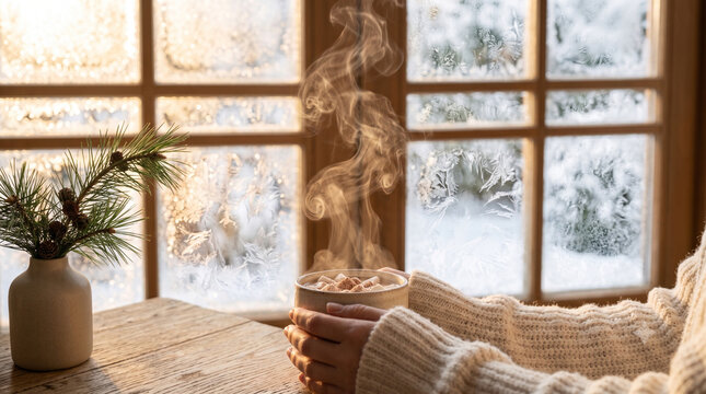 Hot chocolate and pine near cold winter window