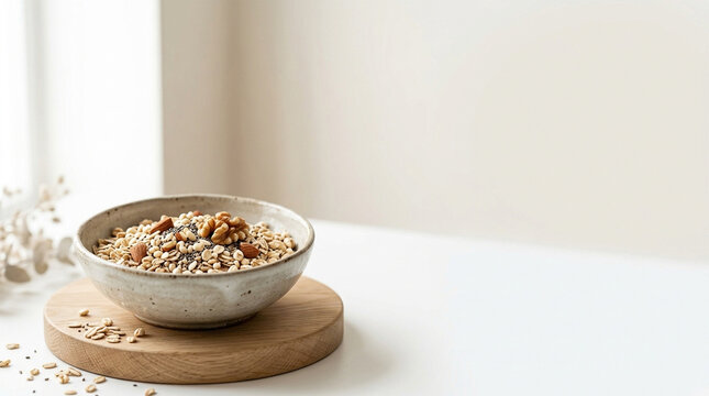 Organic oats on Japandi wooden podium copy space