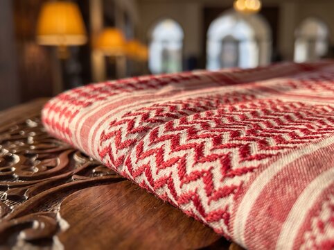 Red and white shemagh patterned textile on carved wooden surface
