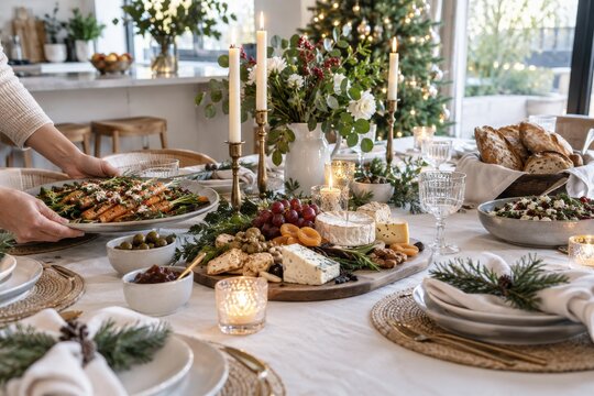 Cena navide&ntilde;a con comida en una mesa decorada en un entorno familiar y festivo