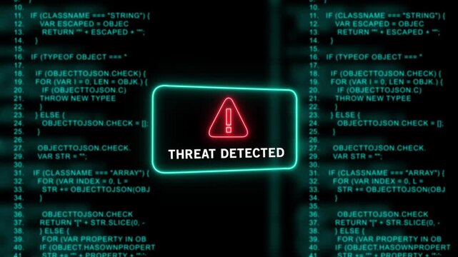 Cybersecurity alert concept featuring a glowing red warning and threat detected text overlaying scrolling digital software source code background, for advanced network, protection and data privacy