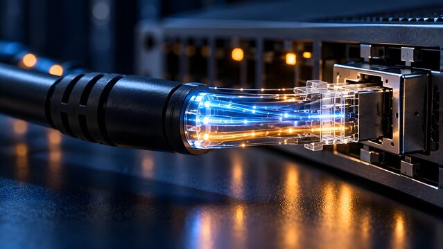 Fiber optic internet cable connected to network switch with glowing data transfer light for high speed communication technology concept