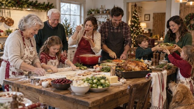 Reuni&oacute;n familiar en Navidad con comida y preparaci&oacute;n en una cocina