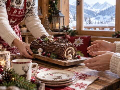 La preparaci&oacute;n de un postre navide&ntilde;o en una caba&ntilde;a en la monta&ntilde;a durante el invierno