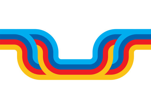 Symmetrical vector pattern of colored parallel lines on a white background. Retro-style design element 70s. Modern vector background for covers, advertising, labels, packaging, logos, interior decor, 