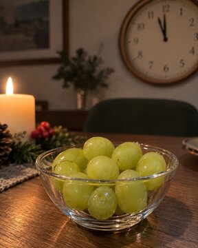Comida de Navidad con uvas y decoraci&oacute;n en una mesa