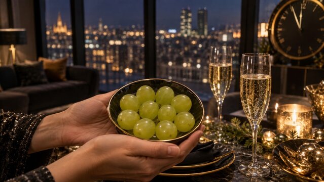 Celebraci&oacute;n de Navidad con uvas y champ&aacute;n en una vista de la ciudad