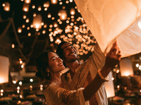 Thai couple, dressed in elegant traditional Lanna Thai clothing, smiling warmly as they release a large, glowing paper lantern into the night sky during the Loy Krathong and Yi Peng festivals