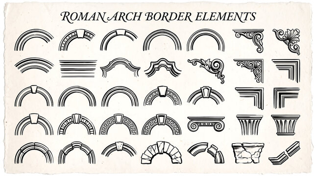 Collection of hand drawn classic architectural elements, arches, capitals and decorative corners