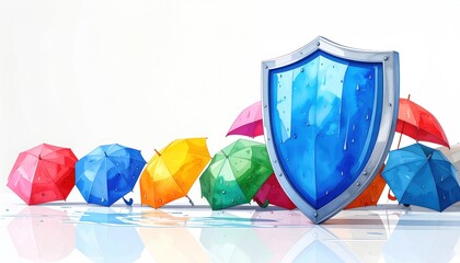 Obraz premium A blue metal shield protecting colorful umbrellas against rain on a white background.
