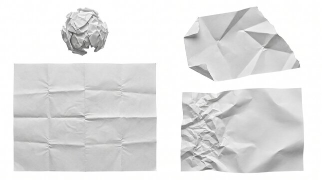 Collection of crumpled and folded white paper textures isolated on a clean white background for design projects