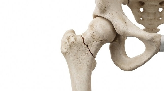 Close-up view of a fractured human hip bone on white background with hip fracture human skeleton bone injury medical illustrati