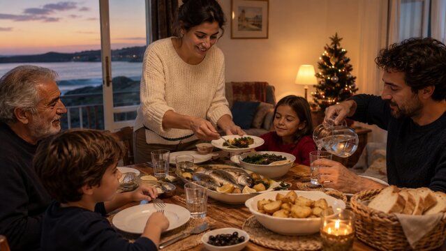 Celebraci&oacute;n de Navidad en familia alrededor de la mesa con una cena especial