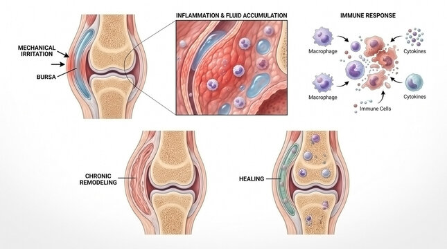 Anatomical diagrams of joint inflammation and immune system response in synovial tissue with medical illustration
