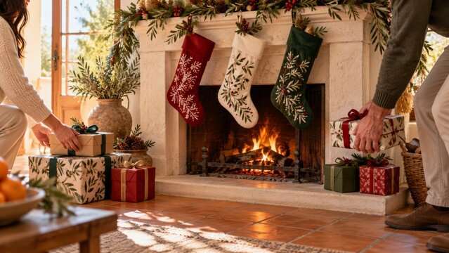 Celebraci&oacute;n de Navidad con regalos junto a la chimenea en una casa acogedora