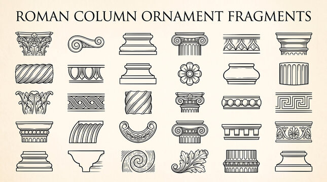 Classical architectural elements set of greek and roman column capitals and bases line art vector illustration