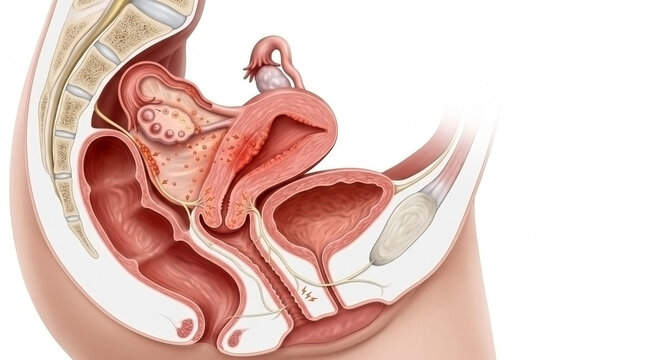 Sagittal cross section view of the female pelvic anatomy showing reproductive and urinary organs with urinary bladder