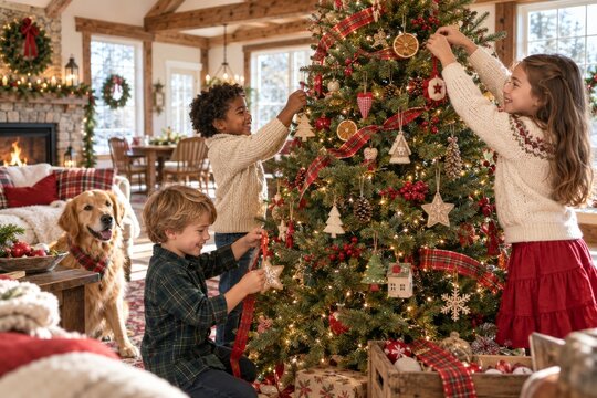 Familia decorando un &aacute;rbol de Navidad en un sal&oacute;n acogedor durante la temporada navide&ntilde;a