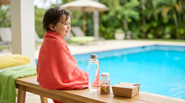 Young child wrapped in a towel sits beside a swimming pool with water, a snack box, and a vitamin bottle nearby, combining swim time with hydration and a children's supplement routine.