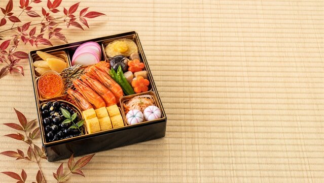 Japanese New Year Osechi in Jubako Box with Copy Space