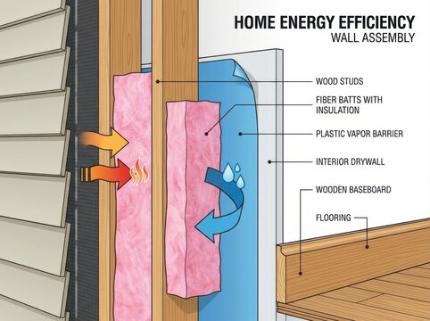 home insulation materials Cross-section of a wall assembly illustrating home energy efficiency components.