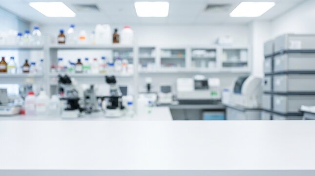 Extremely Blurred Hospital Laboratory with Full Width White Worktable and Soft F1 Diagnostic Background