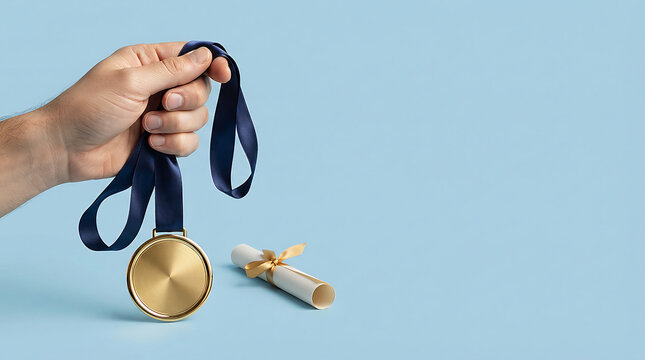 Hand holding gold medal and trophy in a close-up shot with copy space for achievement recognition