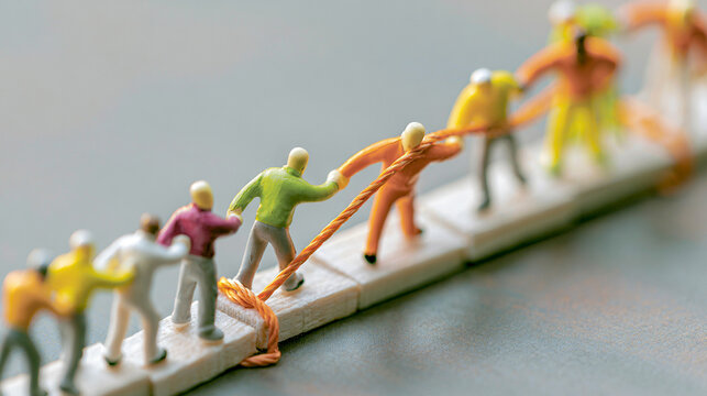 A creative representation of teamwork and collaboration, featuring miniature figures pulling together on a common goal, symbolizing unity and collective effort in a corporate envir