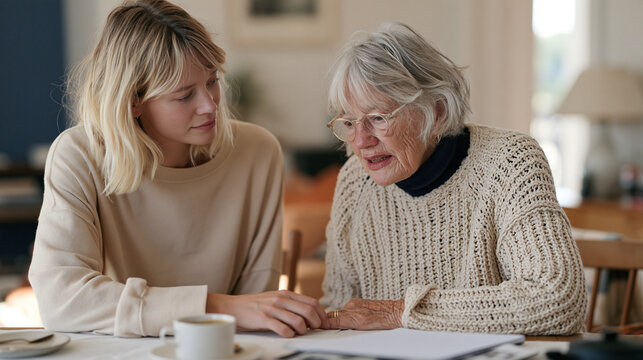 An adult daughter sitting beside her aging mother who is now frail, a complex silence between them, a half finished cup of tea on the table, capturing the unresolved childhood
