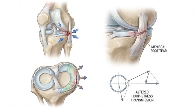 Medical illustration of knee joint meniscus tear and ligament anatomy with ligament injury human anatomy orthopedic condition