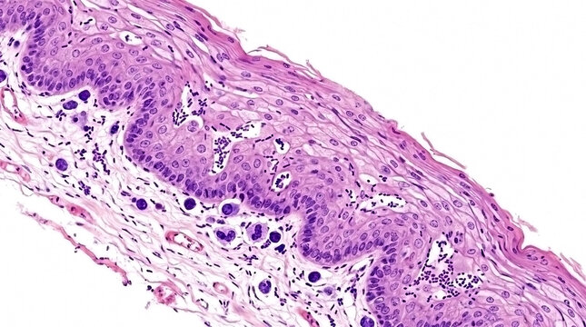 Microscopic view of stratified squamous epithelial tissue section stained with hematoxylin and eosin cell structure tissue sampl