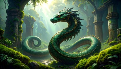 Fototapeta premium A Powerful Mythological Green Serpentine Dragon Resting in a Weathered Ancient Forest Ruin with Mystical Sunlight Beams