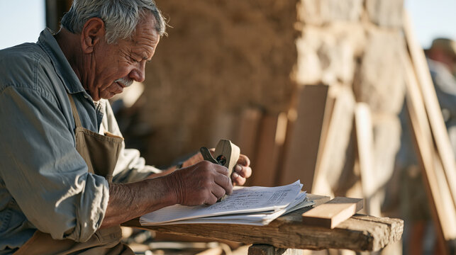 A veteran wattle daub builder calmly corrects a wall section at a heritage army outpost in early morning mist, handwritten measurement notes open on a rough timber bench, candid