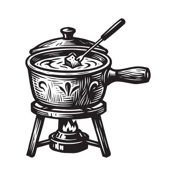 Traditional Swiss cheese fondue set with pot and burner in woodcut engraved relief carved printmaking style