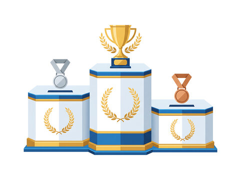 Winner podium with gold trophy cup, silver, and bronze medals representing achievement, success, and first, second, and third place in competitions