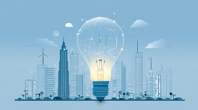 A vibrant city skyline is illuminated by a glowing light bulb. This representation symbolizes innovation, energy, and modern technology, merging urban life with creativity.