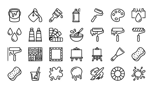 Paint Brushes, Spray and Color Palette Linear Icon Pack