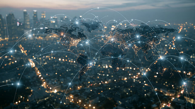 Aerial view of a city illuminated at night, featuring a digital network overlay connecting different areas, symbolizing global connectivity through technology and urban development
