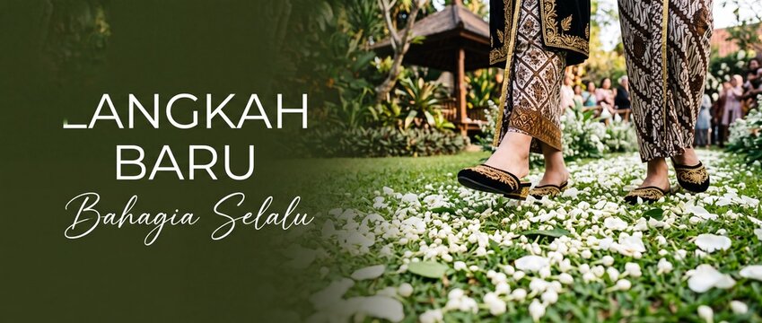 Indonesian Javanese wedding couple walking on jasmine flowers in garden wearing traditional batik kain and embroidered slippers, celebrating culture, love, and new beginnings in outdoor ceremony.