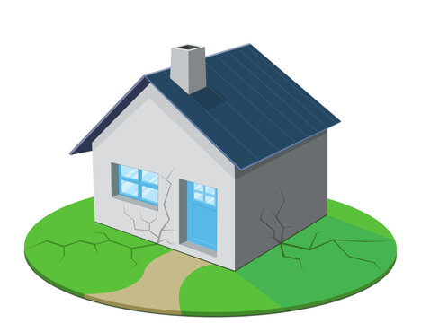 Isometric house with cracked walls and fissured ground, symbolizing property subsidence, earthquake damage, structural defect, and home insurance risk. (cut out)