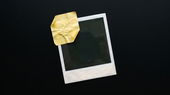 A blank vintage instant photo frame with a piece of gold tape attached to the top corner on black background
