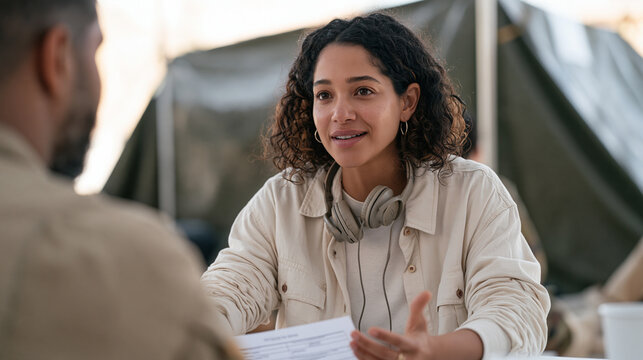 A nonprofit public health educator apologizes to a waiting army veteran at a base health booth, a pair of headphones hanging around the educator's neck, rain soaked tent flaps