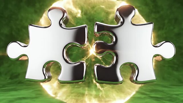 Shiny Metal Puzzle Pieces Connecting on Green Textured Background.