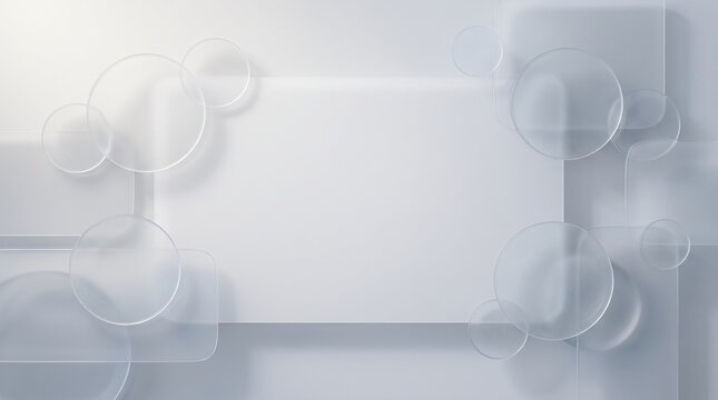 Abstract background featuring semi transparent frosted glass geometric shapes including circles and rectangles layered on smooth white surface