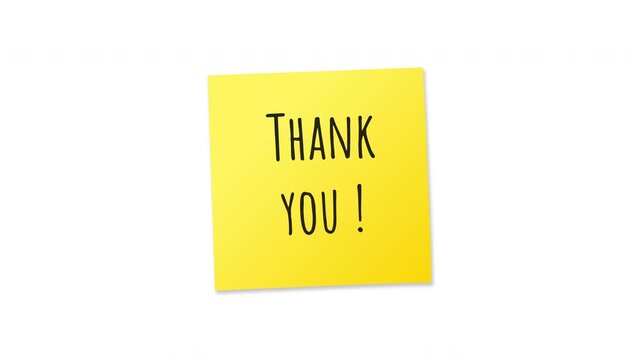 Animation of Thank You message written on yellow sticky note. Thank you note isolated on white background.