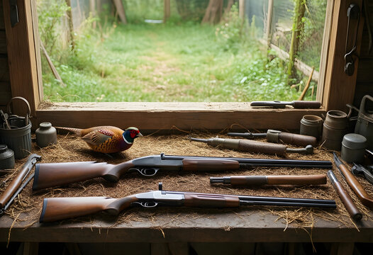 Hunting and wildlife conservation, double barrel shotguns and pheasant decoy on wooden workbench in rustic cabin with view of forest landscape