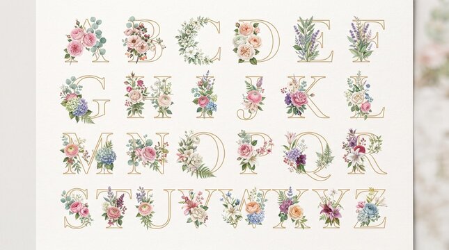 Elegant floral alphabet A-Z. Gold outlined letters with watercolor bouquets of roses, peonies, hydrangeas, and eucalyptus on a cream background.