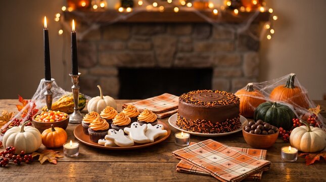 Halloween desserts and pumpkins on a wooden table