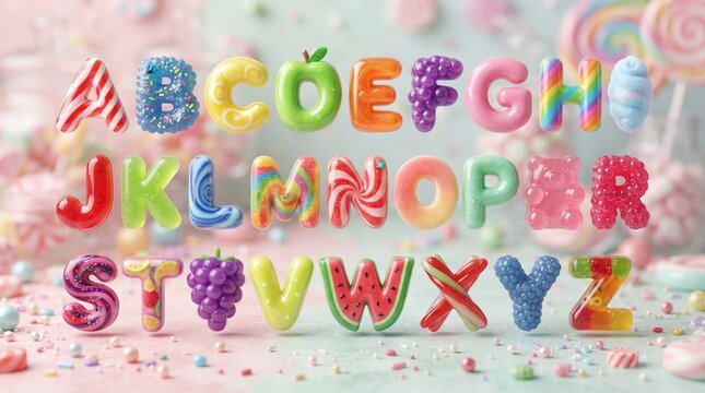 Candy-themed alphabet A-Z. Each glossy 3D letter looks like sweets: candy cane, donut, apple, grapes, lollipop, gummy bear, watermelon on a pastel candy background.
